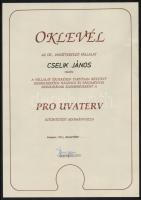 1993 Bp., Az Út- és Vasúttervező Vállalat által adományozott pro Urvaterv oklevél