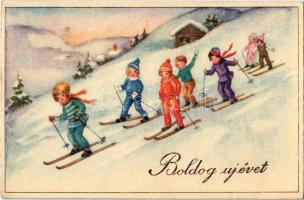 1939 Boldog Újévet! / Skiing children, winter sport, New Year greeting art postcard. H.W.B. Ser. 6058.