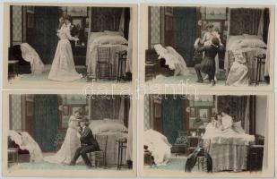 A Nászéjszaka: 10 darabos használatlan enyhén erotikus képeslap sorozat férjnek öltözött nővel / Wedding night: 10 unused pre-1905 gently erotic postcards, woman dressed as husband