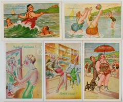 5 db RÉGI használatlan magyar humoros grafikai képeslap / 5 pre-1945 unused Hungarian humorous graphic motive postcards