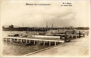 Balatonföldvár - 8 db régi fotó képeslap: vasútállomás, hajóállomás, motorcsónak, Zrínyi és Garabonc...