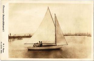 Balatonföldvár - 8 db régi fotó képeslap: vasútállomás, hajóállomás, motorcsónak, Zrínyi és Garabonc...