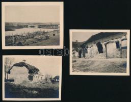 I. világháborús katonai fotól a frontról, romos házakkal, folyóparti akadályokkal, 3 db, 8x10 cm.