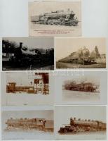 7 db RÉGI vonat motívumlap, főleg fotók / 7 pre-1945 train and locomotive motive postcards, mostly photos