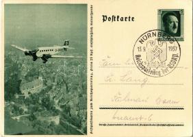 Festpostkarte zum Reichsparteitag / NSDAP German Nazi Party propaganda, Junkers Ju-52 (D-2600) Hitlers first personal transport aircraft, swastika; 6 Ga. Adolf Hitler + 1937 Reichsparteitag der NSDAP Nürnberg So. Stpl. (EK)