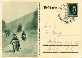 Festpostkarte zum Reichsparteitag / NSDAP German Nazi Party propaganda, motorcycle, bike, swastika; 6 Ga. Adolf Hitler + 1937 Reichsparteitag der NSDAP Nürnberg So. Stpl. (EK)