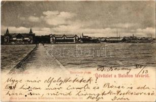 1899 Keszthely, parti szállodák. Üdvözlet a Balaton taváról! Kiadja Mérei Ignác (EB)