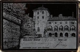 1899 Tata, Tata-Tóváros; Tatai vár. Kiadja Veszprémi Lajos. Szecessziós ezüst fémes képeslap / Art Nouveau, metallic silver art postcard (EK)