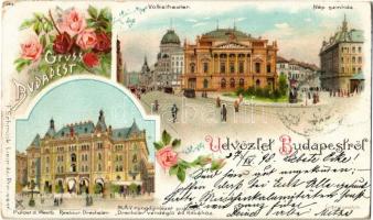 1898 (Vorläufer!) Budapest, Népszínház, MÁV nyugdíjintézet palotája, Drechsler vendéglő és kávéház. F. Schmuck floral, litho (EK)