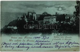 1900 Fiume, Rijeka; Schloss von Tersatto / Castello / Trsat Castle + Fiume-Zágráb 64. sz. vasúti mozgóposta bélyegző