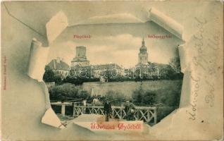 1900 Győr, Püspökvár, Székesegyház, folyópart és uszály. Nitsmann József kiadása, Art Nouveau