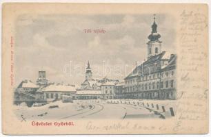 1900 Győr, téli tájkép, templomok. Berecz Viktor kiadása (kicsit ázott / slightly wet damage)