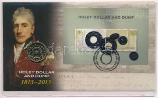 Ausztrália 2013. 1D Al-Br Lyukas dollár érmés borítékban, bélyeggel, elsőnapi bélyegzéssel T:1 Australia 2013. 1 Dollar Al-Br Holey Dollar and Dump in envelope with stamps and FDC C:UNC