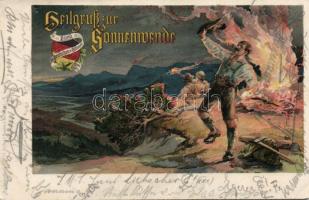 Heilgruss zur Sonnenwende / solstice, greeting card, Bundespostkarte Zahl 13. litho, Napforduló üdvözlő lap, Bundespostkarte Zahl 13. litho