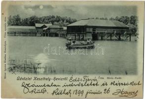 1899 Hévíz (Keszthely), fürdő, csónakázó hölgyek, este. Mérei Ignácz kiadása  (Rb)