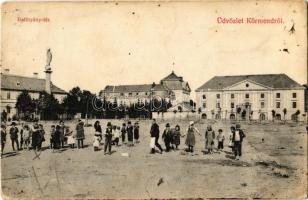 1911 Körmend, Batthyány tér és kastély, szobor, gyerekek (EK)