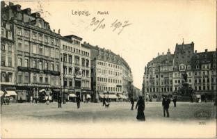 1907 Leipzig, Markt, Möbel-Magazin, Pirvatbank, Zachntechniker, Conditorei & Café, Apotheke / market, shops, bank, dentist, cake shop and café, pharmacy (EK)