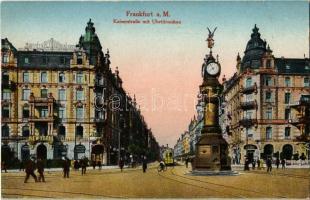 Frankfurt am Main, Kaiserstraße mit Uhrtürmchen / street view, clocktower, tram, bicycle, Hotel New York, shops