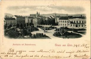 1898 Linz, Marktplatz mit Neptunbrunnen. Verlag v. Carl Becker / market square, fountain (EK)