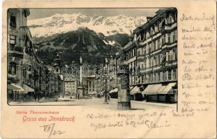 1900 Innsbruck, Maria Theresienstrasse / street view, advertising column, shop of Josef Bauer & Sohn (crease)