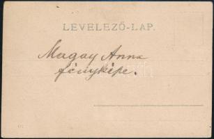 cca 1900 Magay Anna, pesti úrleány portréi divatos ruhában, 2 db, keményhátú fotó és fotólap, Bp., K...