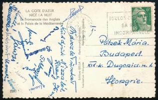 1954 Vasas labdarúgócsapat tagjai által aláírt képeslap Franciaországból. Bundzsák, Szilágyi I, Raduly, Jánosi, Kamarás, Kontha, Kovalik és még mások