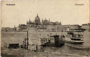 1917 Budapest V. Országház, Császárfürdői jegyek, Újpest ingahajó Hunyadi János keserűvíz reklámmal, sírkő és gyorsírás reklám (Rb)