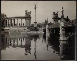 cca 1936 Budapest, millenniumi emlékmű és a városligeti tó hídja, vintage fotó, jelzés nélkül, 23x29 cm