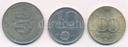 1947. 5Ft Ag "Kossuth" + 1971. 10Ft Ni + 1994. 100Ft Cu-Ni-Zn T:1-,2 patina 
Adamo F8.1