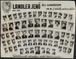 1963 Budapest, Landler Jenő Ált. Gimnázium tanárai és végzett növendékei, kistabló nevesített portrékkal, 22x28 cm