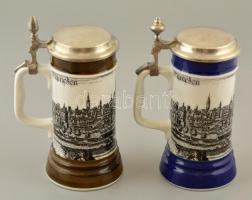 Müncheni szuvenírek: 2 db ón fedeles kerámia söröskorsó, jelzett, apró kopásokkal, m: 22 cm + 1 db ó...