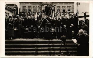 1938 Komárom, Komárnó; bevonulás, Horthy Miklós, Purgly Magdolna, Imrédy Béla, Teleki Pál / entry of the Hungarian troops. "1938 Komárom visszatért" So. Stpl