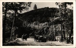 1938 Budapest XII. Jánoshegy az Erzsébet kilátóval, kilátótorony, automobil, étterem bejárata (kis sarokhiány / small corner shortage)