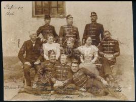 1896 Štefanec (Drávaszentistván), a m. kir. varasdi 10. honvéd huszárezred tisztjeinek csoportképe néhány civil személlyel, rajta Várady Albert (1870-?) hadnaggyal, később ezredes, a szereplők neveivel, rangjával feliratozva, fotó kartonra kasírozva, körbevágott, 11x14 cm./  1896 Štefanec (Drávaszentistván), photo of the army officers of the Hungarian Royal 10th Husar Regiment of Varaždin, with some civil person, with Albert Várady (1870-) husar officer, later colonel, with the name and rank of the officers on the photo, photo on board, cropped, 11x14 cm.