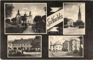 Igló, Zipser Neudorf, Spisská Nová Ves; takarékpénztár, Schwartz üzlete, templom, színház, városház / savings bank, shop, church, theatre, town hall