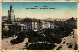Lviv, Lwów, Lemberg; Waly Hetmanskie / Boulevard de Hetmanski / street view, trams + 1916 K.u.K. Infanterieregiment No. 34. 11. Feldkomp. (kopott sarkak / worn corners)