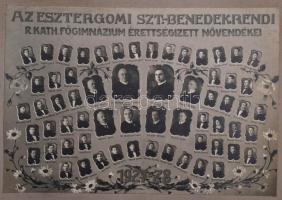 1928 Esztergom, a Szent Benedek Rendi Főgimnázium tanárai és végzett növendékei, kistabló nevesített portrékkal, 19,5x28 cm, karton 30x36,5 cm