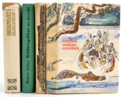 Vegyes könyv tétel, 4 db:   Afrikai vadászemlékek. Válogatás Kittenberger Kálmán és dr. Mészáros Kálmán írásaiból. (1970, Gondolat.);   Molnár Gábor: Az óriáskígyók földjén. (1955, Ifjúsági.);  Molnár Gábor: Holdárnyékban az őserdő. (1967, Szépirodalmi.);  Pierre Berton: Aranyláz Alaszkában. (1974, Gondolat.);   Különféle kötésben, változó állapotban, a papír védőborítók szakadozottak, az egyik borítója kopott.