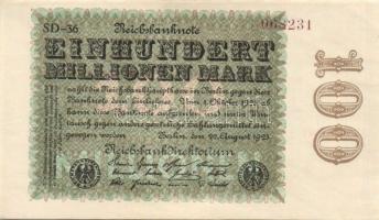 Német Birodalom/Weimari Köztársaság 1923. 100.000.000M (3X) kis ugrású sorszámokkal céges nyomat egész vízjellel T:I-