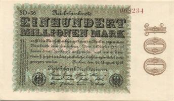 Német Birodalom/Weimari Köztársaság 1923. 100.000.000M (3X) kis ugrású sorszámokkal céges nyomat egé...