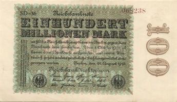 Német Birodalom/Weimari Köztársaság 1923. 100.000.000M (3X) kis ugrású sorszámokkal céges nyomat egé...