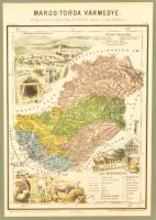 Maros-Torda vármegye közigazgatási térképe, színezett fametszet, paszpartuban, plexizett fa keretben, 34,5×23 cm
