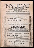 1916 Nyugat. 1916. IX. évf., II. félév, 19-24. számok. Bp., Ignotus, Ady Endre, Fenyő Miksa. Bp., Pallas-ny.,egészvászon-kötésben, megviselt állapotban, a könyvtest szétvált, és elvált a borítótól, az elülső szennylap foltos, 2+435-896 p.