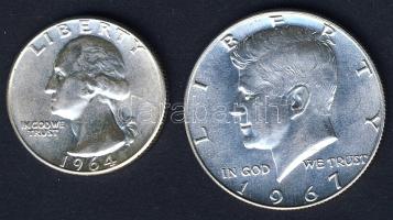 USA 1964. 1/4$ Ag "Washington" T:1 + 1967. 1/2$ Ag "Kennedy" T:2