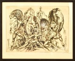 Hincz Gyula (1904-1986): Lovas kompozíció. Rézkarc, papír, jelzett, üvegezett keretben, 35×46 cm