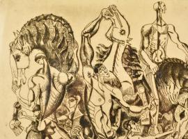 Hincz Gyula (1904-1986): Lovas kompozíció. Rézkarc, papír, jelzett, üvegezett keretben, 35×46 cm