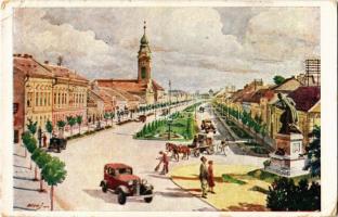 1937 Székesfehérvár, Széchenyi utca, automobil, Hősök szobra, emlékmű; művészlap s: Márton J. (EK)