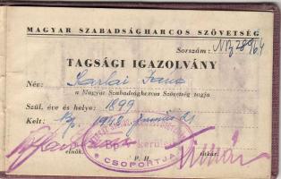 1948. Magyar Szabadságharcos Szövetség tagsági igazolvány tagdíjbélyegekkel