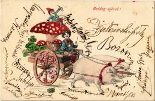 1906 Boldog Újévet! / New Year greeting card with pigs, mushrooms, dwarf