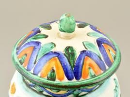 Fedeles tégely, "mirra" felirattal, kézzel festett mázas fajansz, kopott, apró hajszál rep...